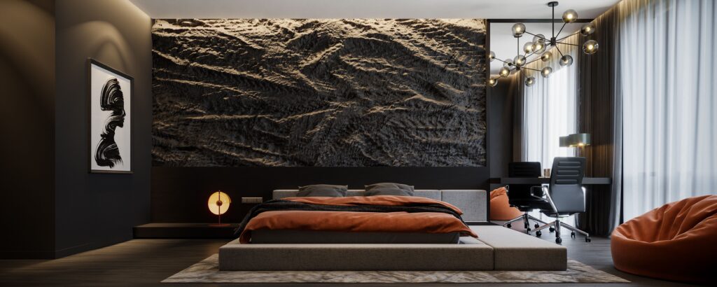 Stylish bedroom interior with a textured wall, modern lighting, and elegant decor.
