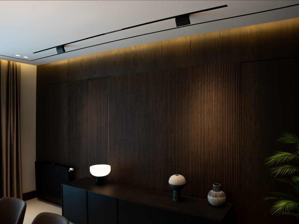 Design de interiores minimalista e elegante com painéis de madeira escura nas paredes e iluminação suave.