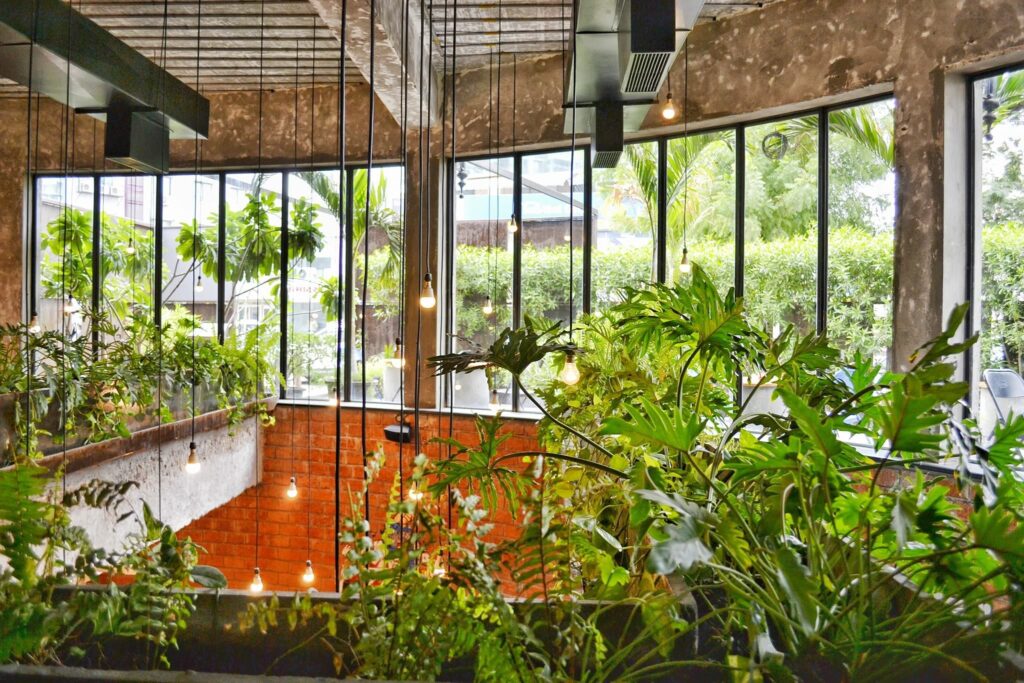 Café luminoso em Ahmedabad com plantas exuberantes no interior e grandes janelas que permitem a entrada de luz natural e um design emocional.