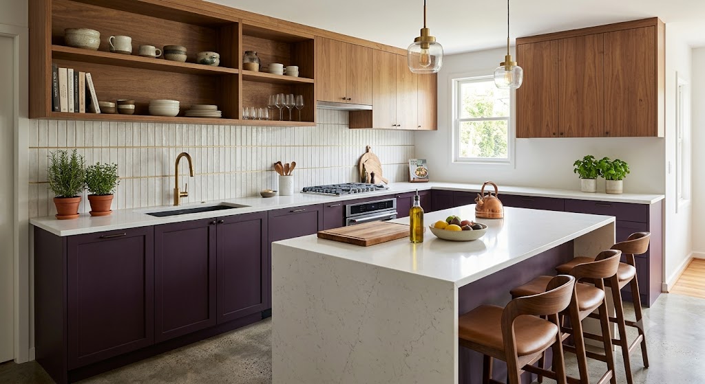 O tom berinjela nos armários evoca mistério e sofisticação. Na psicologia das cores, o roxo estimula a criatividade e o luxo moderado, transformando a cozinha em um refúgio de originalidade. Combinado ao mármore puro, equilibra a sobriedade técnica com uma elegância profunda, despertando acolhimento e uma identidade única e autêntica.