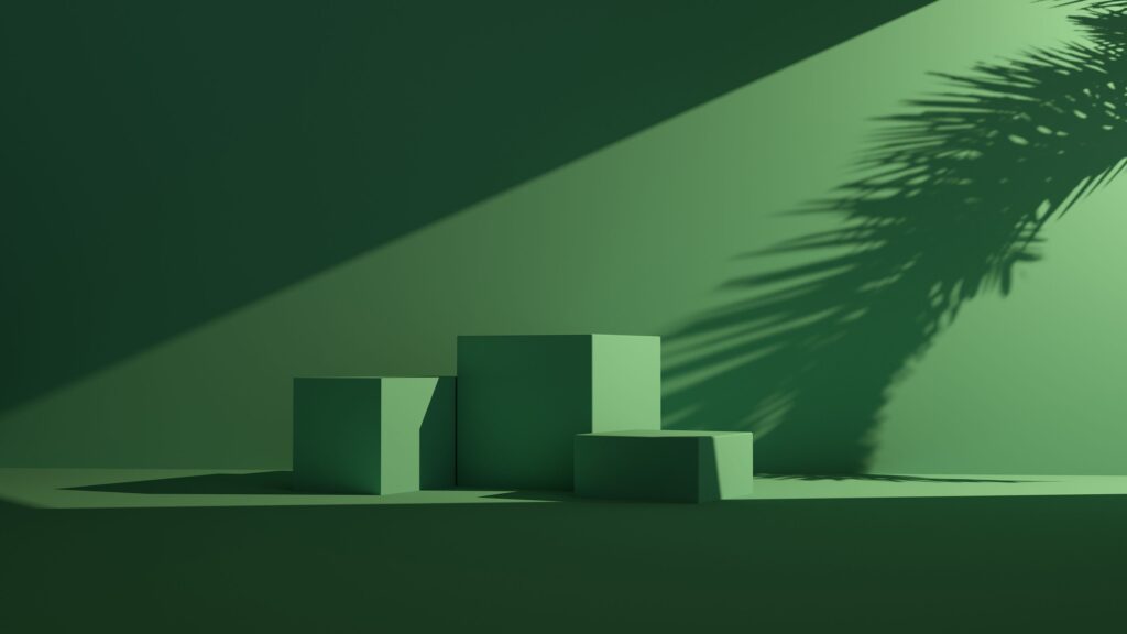 Um pódio minimalista verde com sombra de folha de palmeira, perfeito para maquetes de produtos. Psicologia do verde