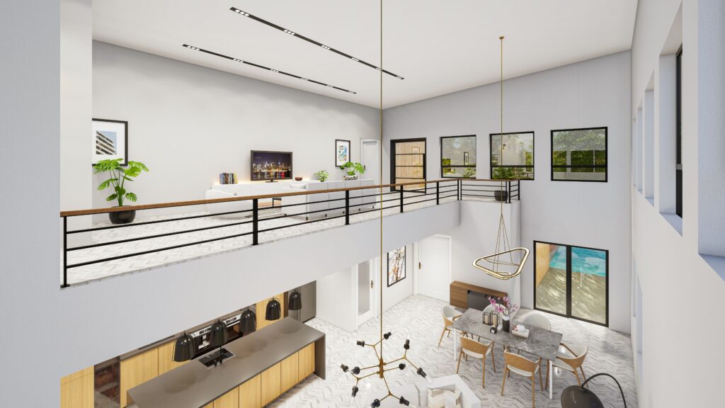 Interior de uma casa moderna e ampla com design minimalista e vista para uma varanda aberta, onde a psicologia do branco atua dilatando as fronteiras físicas do espaço e integrando a iluminação natural ao ambiente interno.