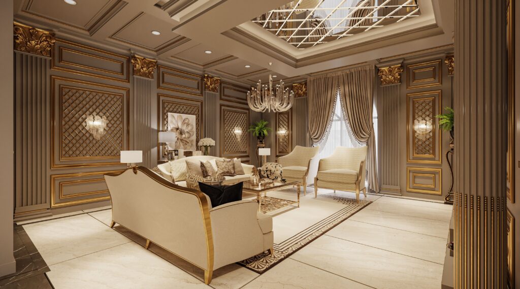 Sala de estar elegante com decoração clássica, apresentando um lustre imponente e móveis luxuosos, onde a psicologia do ouro se manifesta nos detalhes reflexivos para criar um efeito de ancoragem luminosa e sofisticação.