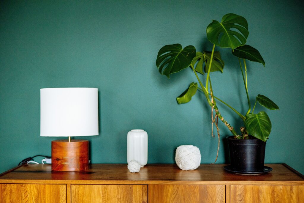 Uma elegante cômoda de madeira com uma planta monstera, um abajur e objetos de decoração contra uma parede verde (psicologia do verde).