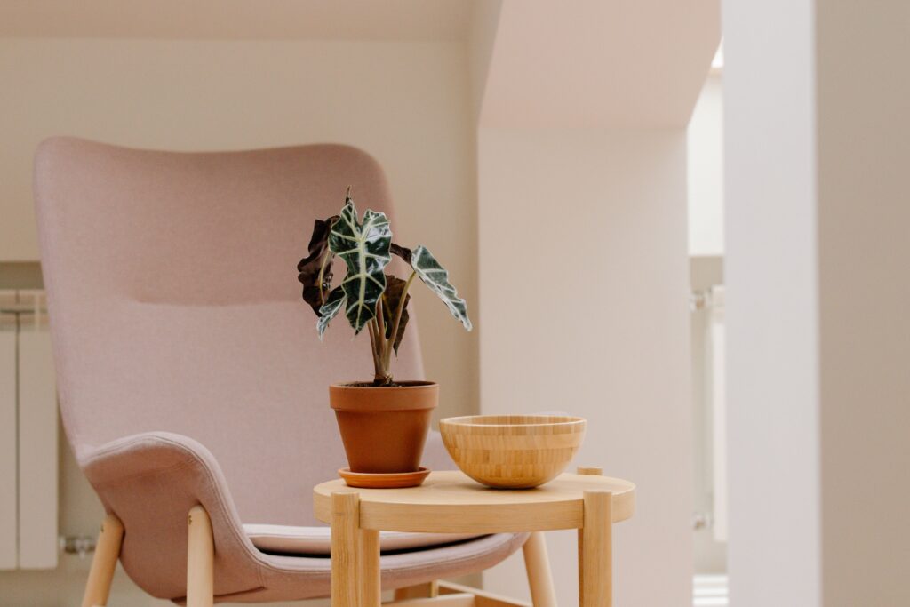 Cena interna elegante apresentando uma poltrona rosa, planta decorativa em vaso e mesa de madeira com uma tigela, demonstrando a psicologia do rosa como um equilibrador tátil que injeta frescor e dialoga harmonicamente com o calor das madeiras nativas.