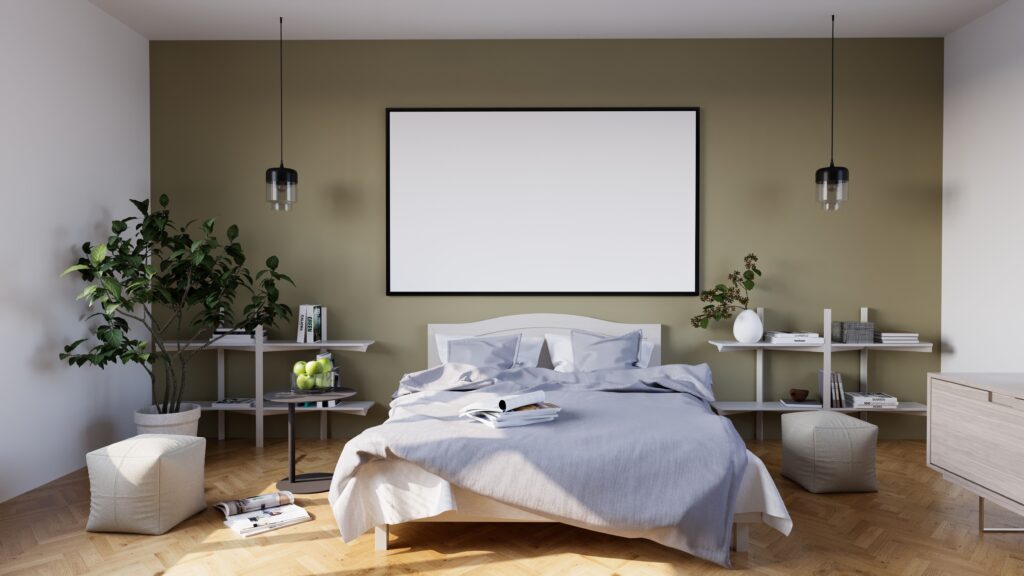 Design de quarto minimalista e elegante com plantas, mas bagunçado. Roupa de cama macia e móveis estilosos, destacando boas escolhas de cores para o quarto.